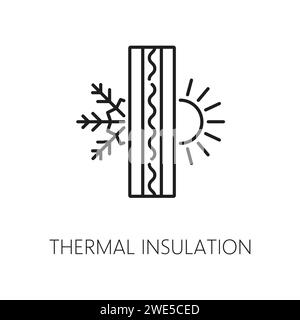 Wall thermal insulation icon. House construction technology, energy save and heat protection material or solution, building wall insulation layer cross section line vector icon with snowflake and sun Stock Vector