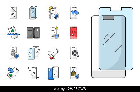 Smartphone glass protection and insurance icons, mobile phone screen repair service, vector line symbols. Smartphone glass protection form water and scratch, protective case for mobile phone Stock Vector