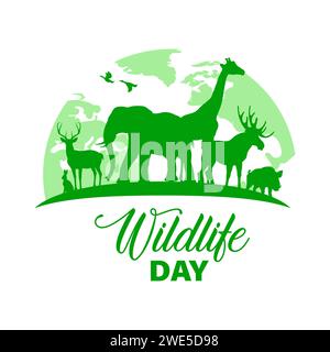 Wildlife day poster, world animal life and environment nature protect, vector. Wild life day, earth planet and green ecology conservation symbol of animals and forest trees silhouette or paper cut Stock Vector