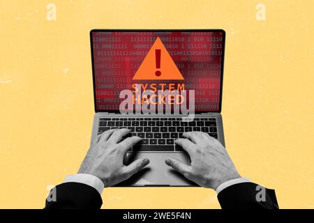 Creative retro 3d magazine collage image of businessman discovered his computer system hacked isolated yellow color background Stock Photo