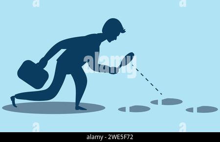 Curiosity Concept, Silhouette of person looking for clues, Detective finding evidence following footprints Stock Vector