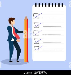 Employee filling in a to do or check list, Business strategy plan creation or achievement.  All tasks completed concept Stock Vector