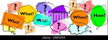 Brainstorming concept - Who, What, Why, Where, When, How in a set of colourful speechbubbles. Questioning or investigating concept looking for answers Stock Vector