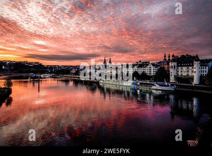 Old town on the Moselle with panoramic boat on the promenade and Ehrenbreitstein Fortress in the light of dawn, Koblenz, Upper Middle Rhine Valley, Rh Stock Photo