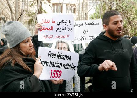 Beirut, Lebanon. 23rd Jan, 2024. Families of August 4 2020 port blast's victims claim justice for their beloved ones outside the Palace of Justice in Beirut, Lebanon, on January 23 2024. Almost four years after the incident, the truth about what happened is yet to come. Families of victims blame Iran - backed Hezbollah shiite militia of obstructing the course of justice. (Photo by Elisa Gestri/Sipa USA) Credit: Sipa USA/Alamy Live News Stock Photo