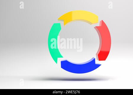 4 round arrows in yellow, red, blue, green building a cycle on a seamless grey background - metapher for continuous improvement. Shewhart cycle or oth Stock Photo