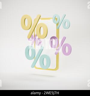 Cartoon style 3d image of percent signs emerging from a smartphone. Online shopping, bargains concept Stock Photo