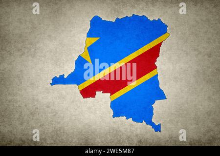 Grunge map of the Democratic Republic of the Congo with its flag printed within its border on an old paper. Stock Photo