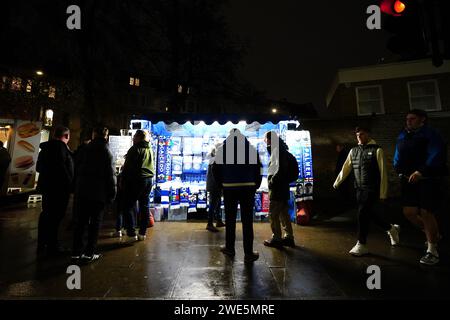 Merchandise stands outside the stadium ahead of the Carabao Cup semi final second leg match at Stamford Stadium, London. Picture date: Tuesday January 23, 2024. Stock Photo