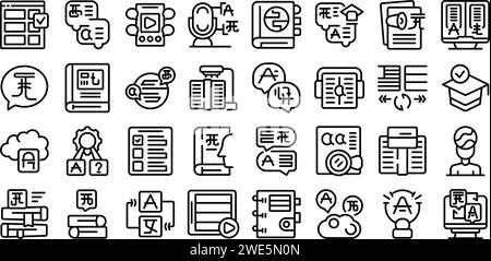 Learning new language icons set outline vector. Education book. Study learn Stock Vector