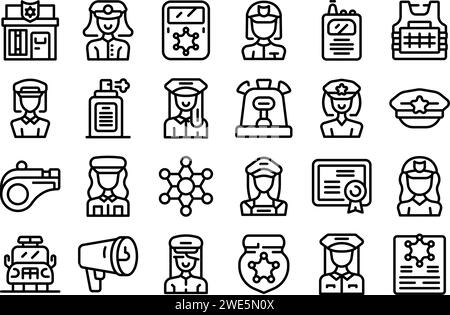 Policewoman icons set outline vector. Office cop. Work law security Stock Vector