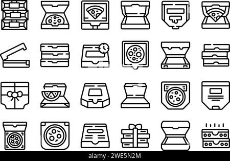 Cardboard pizza box icons set outline vector. Open food carton. Closed pack Stock Vector