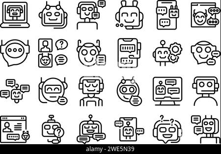 Customer service chatbot icons set outline vector. Ai digital. Website mobile support Stock Vector