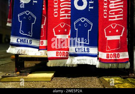 Merchandise stands outside the stadium ahead of the Carabao Cup semi final second leg match at Stamford Stadium, London. Picture date: Tuesday January 23, 2024. Stock Photo