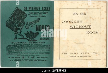 Inside front cover advert for Nooeg of leaflet, booklet, from original WW1 era newspaper publication entitled Cookery Without Eggs, published by The Star, (owned by The Daily News Ltd), published during a time of rising food prices and scarcity of foodstuffs, circa 1918, U.K. Stock Photo