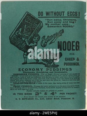 Inside front cover advert for Nooeg of leaflet, booklet, from original WW1 era newspaper publication entitled Cookery Without Eggs, published by The Star, (owned by The Daily News Ltd), published during a time of rising food prices and scarcity of foodstuffs, circa 1918, U.K. Stock Photo