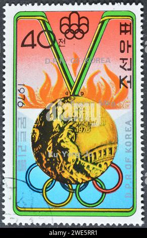 Cancelled postage stamp printed by North Korea, that shows Ku Yong Jo, North Korea, Boxing, Gold medal, Summer Olympic Games 1976 - Montreal, circa 19 Stock Photo