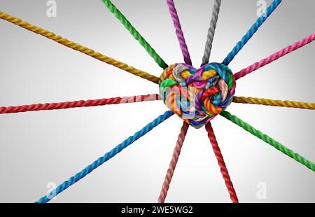 Strength In Connection and Unity of love partnership as diverse ropes shaped as a heart in a group of different intertwined strings connected together Stock Photo