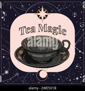Mystical banner in boho style with magic drink mug, tea time, morning coffee cup. Background for Tarot, Astrology, Fortune telling, Tea Leaf Reading, Stock Vector