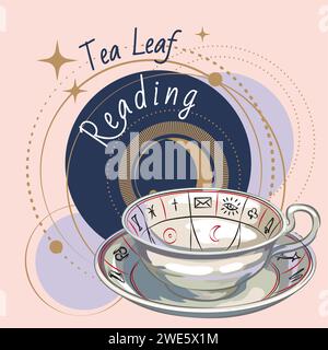 Mystical banner tea-cup fortune telling, Tea Magic, fortune telling. Cute hand drawn illustration, vintage vector card. Stock Vector