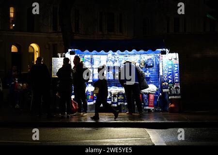 Merchandise stands outside the stadium ahead of the Carabao Cup semi final second leg match at Stamford Stadium, London. Picture date: Tuesday January 23, 2024. Stock Photo