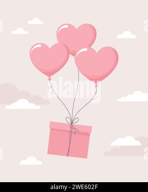 Gift box tied to flying heart balloons on a beige cloudy background. Flat vector illustration Stock Vector