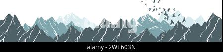Seamless mountain background and Flying birds in the sky. Hand drawing. Not AI. Vector illustration Stock Vector
