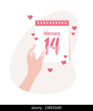 Hand holding daily calendar with date February 14. Valentine's day vector illustraton in flat style Stock Vector