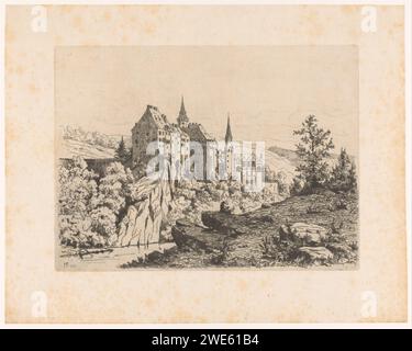 Mountain landscape with Slot Sigmaringen, Maria van Hohenzollern-Sigmaringen (Countess of Flanders), 1876 print   paper ETCHING / DRYPOINT / REDOUSSAGE landscape with tower or castle. artist at work, in his workshop - BB - out of doors Sigmaringen Stock Photo