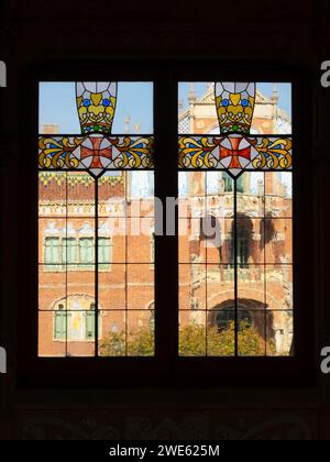 Stained glass windows of the Sant Pau Hospital, Barcelona Stock Photo