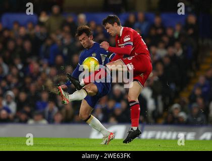 Stamford Bridge, Chelsea, London, UK. 23rd Jan, 2024. Carabao Cup Football, Semi Final, Second Leg, Chelsea versus Middlesbrough; Ben Chilwell of Chelsea challenged by Jonathan Howson of Middlesbrough Credit: Action Plus Sports/Alamy Live News Stock Photo