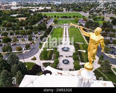 Angel Moroni on top of the Provo Utah Temple, Provo, Utah, USA Stock Photo