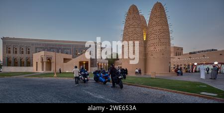 Katara Pigeon Towers and Katara mosque in Katara cultural village, Doha, Qatar daylight exterior view with locals and visitors Stock Photo