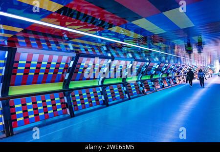 Brightly coloured Adams Plaza Bridge, Canary Wharf London England Stock Photo