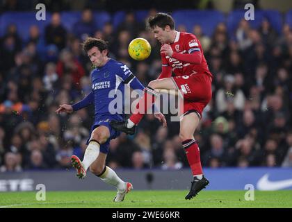 London, UK. 23rd Jan, 2024. Ben Chilwell of Chelsea challenges Jonathan Howson of Middlesbrough during the Carabao Cup match at Stamford Bridge, London. Picture credit should read: David Klein/Sportimage Credit: Sportimage Ltd/Alamy Live News Stock Photo