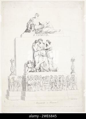 Monument for sculptor Antonio Canova, Bartolomeo Pinelli, After Giuseppe Fabris, 1791 - 1835 print A monument for the Italian sculptor Antonio Canova. A monument consisting of three layers. The bottom layer contains a Frisian with clergy and men who close a deal. The middle layer shows the three graces mourning. On top of an image of the lying artist. Italy paper etching monument, statue. portrait, self-portrait of artist. Graces (Charites), generally three in number; 'Gratie' (Ripa) Stock Photo