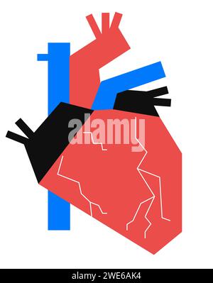 Concept of human heart anatomy in geometric patchwork style. Graphic composition for advertisement, banner, packaging design. Stock Vector