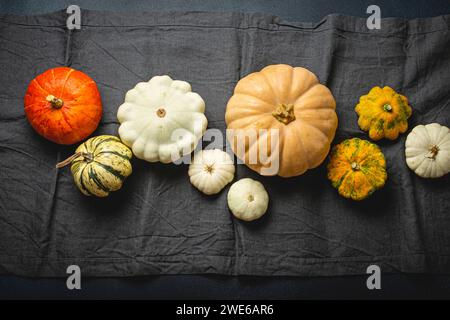 Various pumpkins on a grey table runner for Thanksgiving Stock Photo