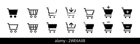 Set of icons in pixel art style. Shopping cart standart icons in trending style for ecommerce website. Vector illustration Stock Vector