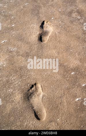 Two footprints in brown mud Stock Photo