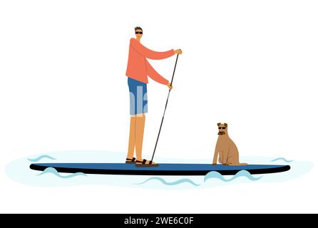 Man and dog standing on sup board floating in sea in sunny day. Tourist learning to paddle and balance on paddle board. Stock Vector
