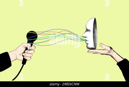 Mask talking to microphone against yellow background Stock Photo