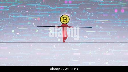 Man walking on tightrope with bitcoin over head Stock Photo
