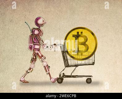 Robot pushing bitcoin in shopping cart against beige background Stock Photo