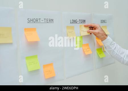 Hand of businessman sticking notes on wall in office Stock Photo