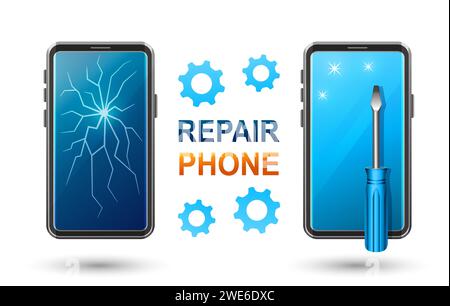 Mobile phone repair service, broken smartphone touch screen fix, change breaking telephone display. Technical electronics maintenance center. Vector Stock Vector