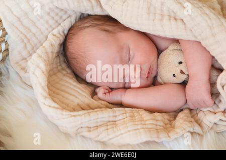Cute baby boy sleeping with stuffed teddy bear toy Stock Photo