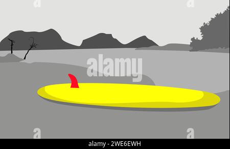 Monochrome Flat illustration of paddle board at the bank of river. River side landscape Stock Vector