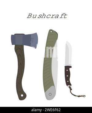 Bushcraft tools: saw, knife, ax. Set of drawings. Editable layered eps Stock Vector