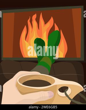Cozy rest time near fireplace with cup of coffee or another drink. Bushcraft relax in forest house with kuksa Stock Vector